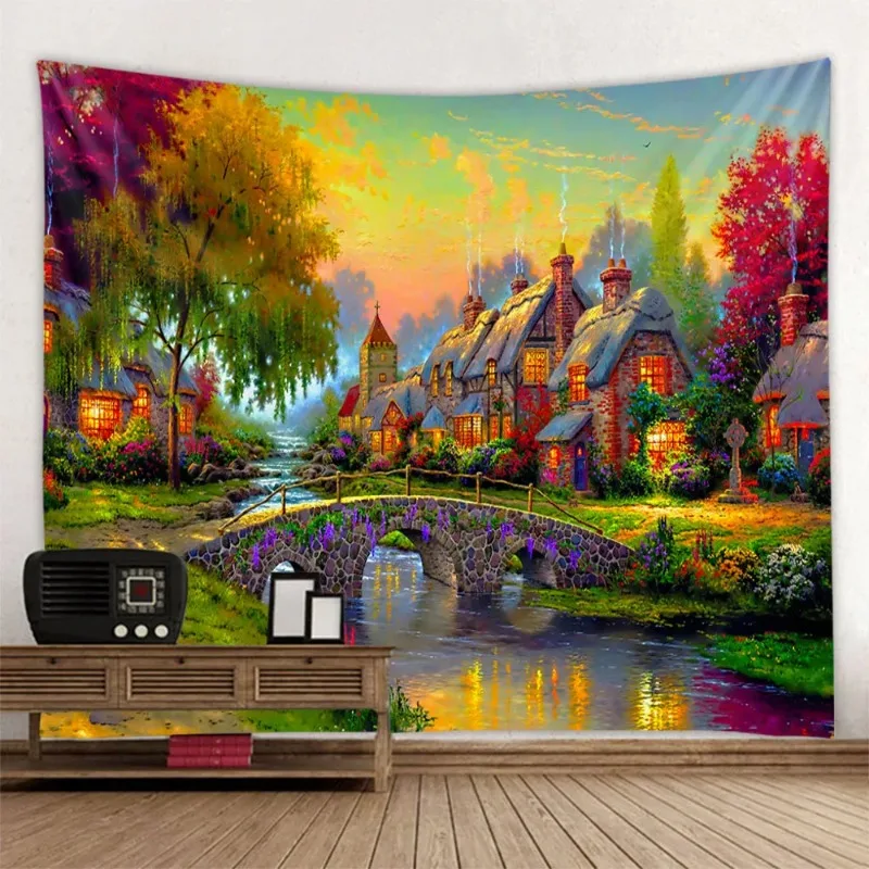 Dream Forest Castle tapestry landscape oil painting wall hanging cartoon art decoration living room bedroom wall decoration