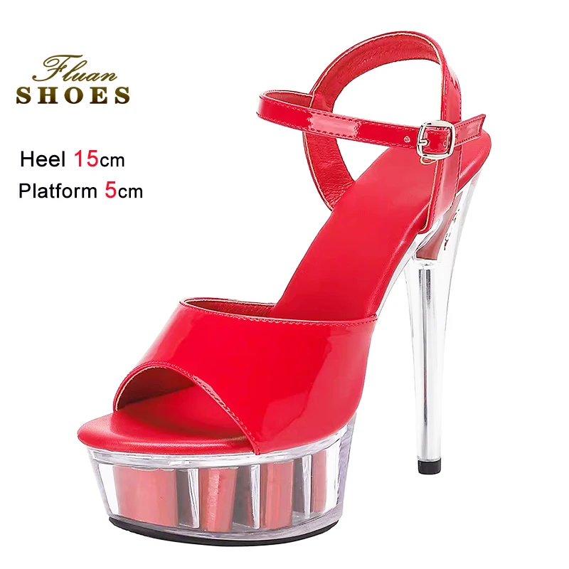 

Красные босоножки с пряжкой и ремешком, на высоком каблуке 15 см, с платформой 5 см, голографические, для ночных клубов, вечеринок, летние, для женщин.