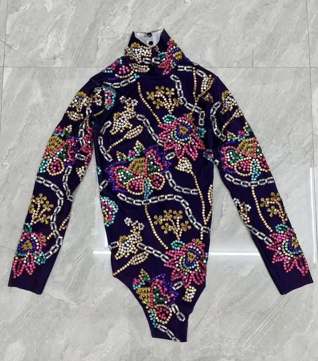 Women Flashing Colorful Rhinestones Purple Leotard Luxury Celebrate Sexy Outfit Long Sleeves Bodysuit Birthday Costume Jingu