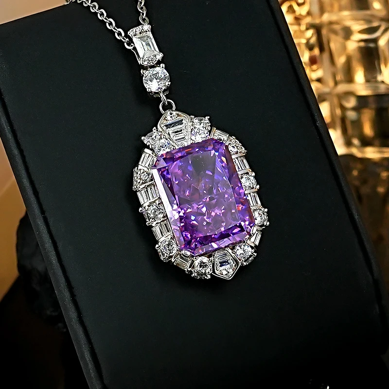 New luxury violet 925 silver necklace with ice cut pendant inlaid with high carbon diamond rectangular temperament wedding gift