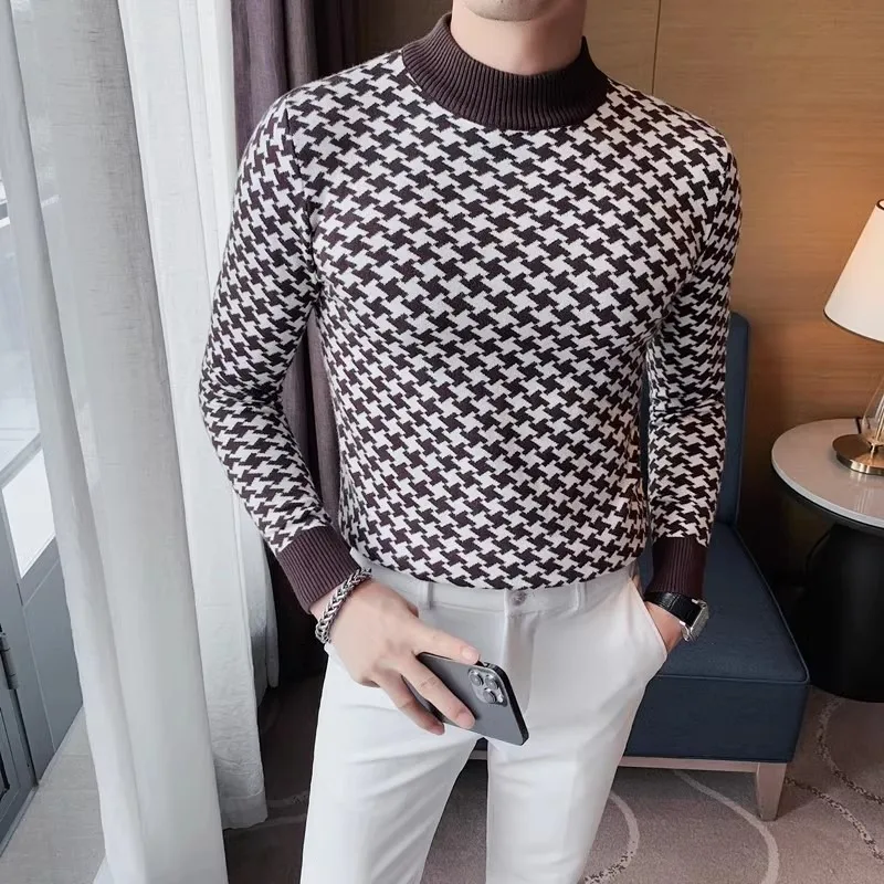 

2024 Houndstooth Men Half Turtleneck Sweater Autumn Winter Warm Casual Slim Fit Pullovers Homme Thickened Plaid Jacquard Sweater