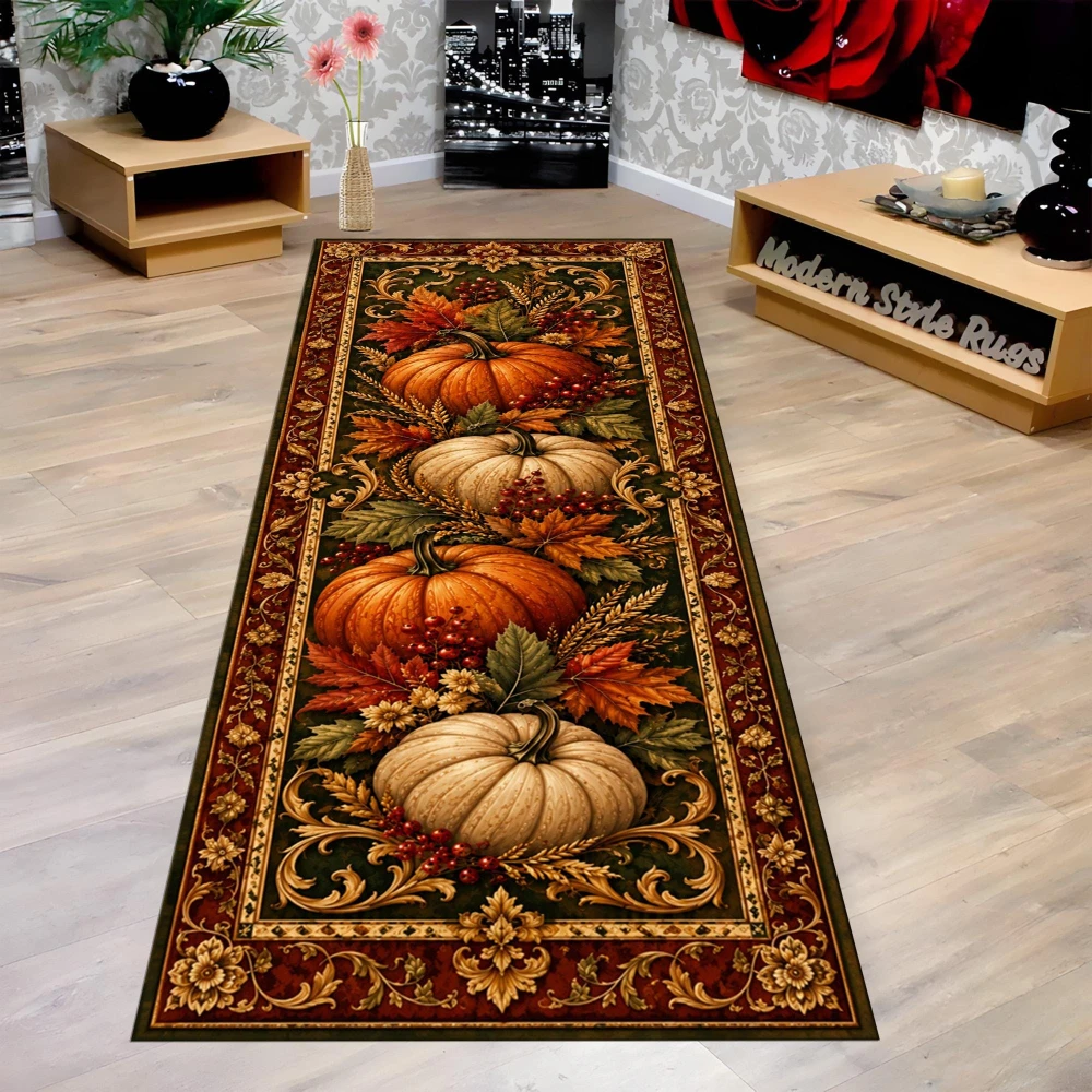 Retro Autumn Pumpkin Maple Harvest Floral Border runner rug cottage villa kitchen sunroom dining room floormat Halloween gift