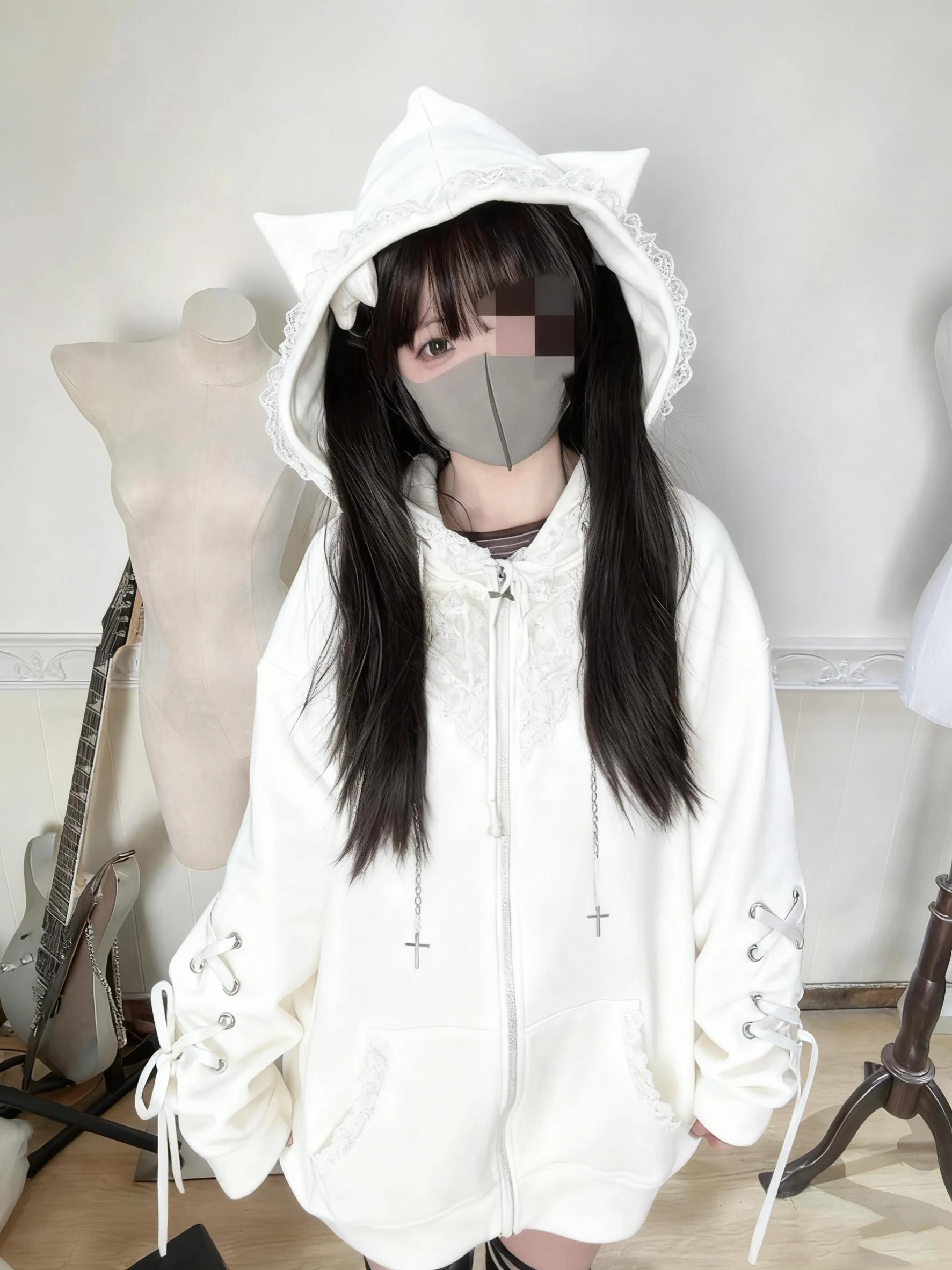 المرأة القوطية لوليتا القط الأذن هوديي-الدانتيل تقليم عبر سلسلة الدانتيل متابعة كم زمم البلوز منفعل الحلو الشارع الشهير ربيع الخريف