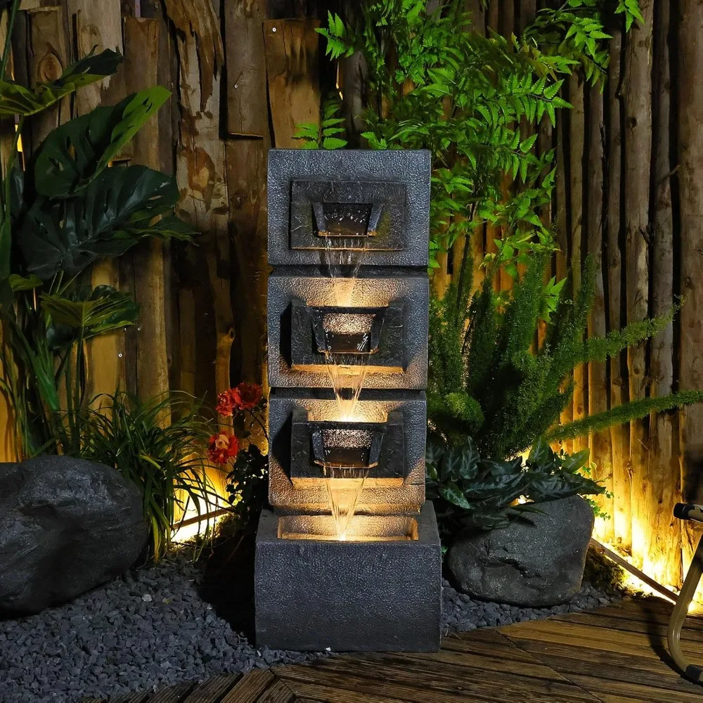 Fonte de água externa de 34,84 polegadas, luzes LED e bomba, fonte de água interna, cascata, fonte externa, casa e jardim