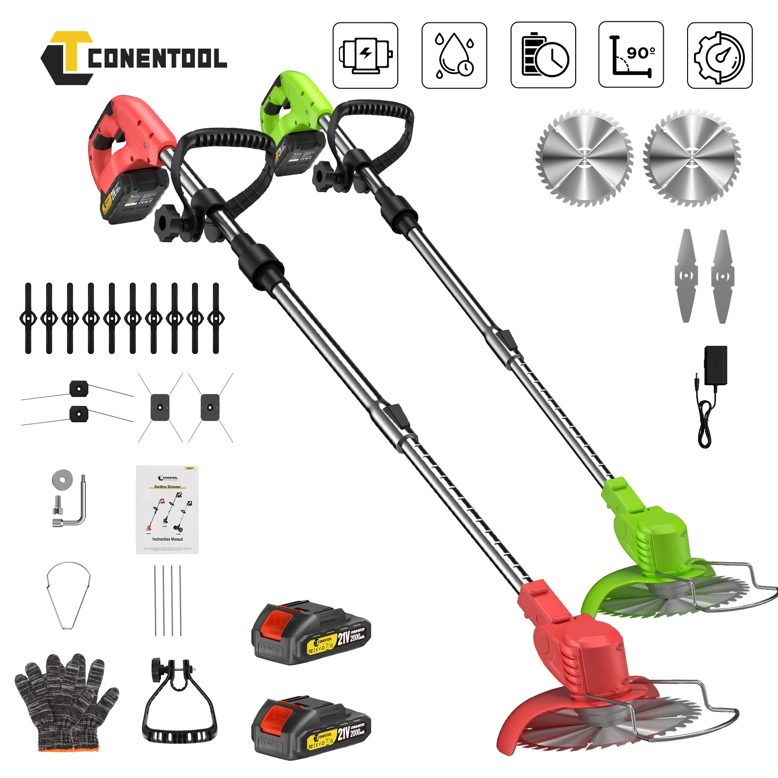CONENTOOL Tondeuse à gazon sans fil multifonctionnelle 21V, débroussailleuse, coupe-herbe avec 5 lames pour batterie Makita 18V