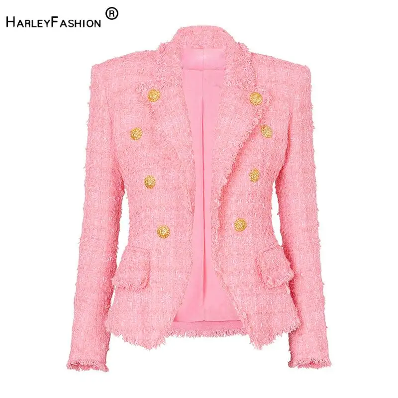 Lady Fall Winter Vintage Elegant Style Tweed Jacket Double-breasted Notched Women Fashion Tassels Slim Fitted Blazer