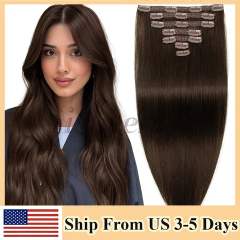 14"-24" Invisible Clip In Extensions Human Hair Machine Remy Straight Full Head 7pcs/set Natural Straight Brown Easy To Wear