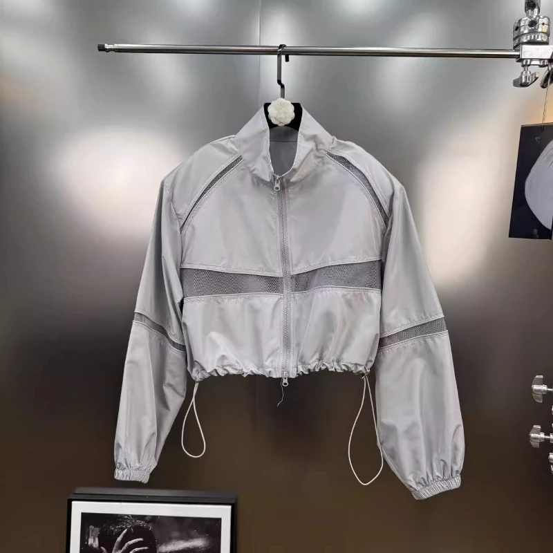 Summer 2025 Fashion Splicing Mesh Hollow Out Women's Jacket Loose Skinny Zipper Shoulder Padded Versatile Short Coats Ladies