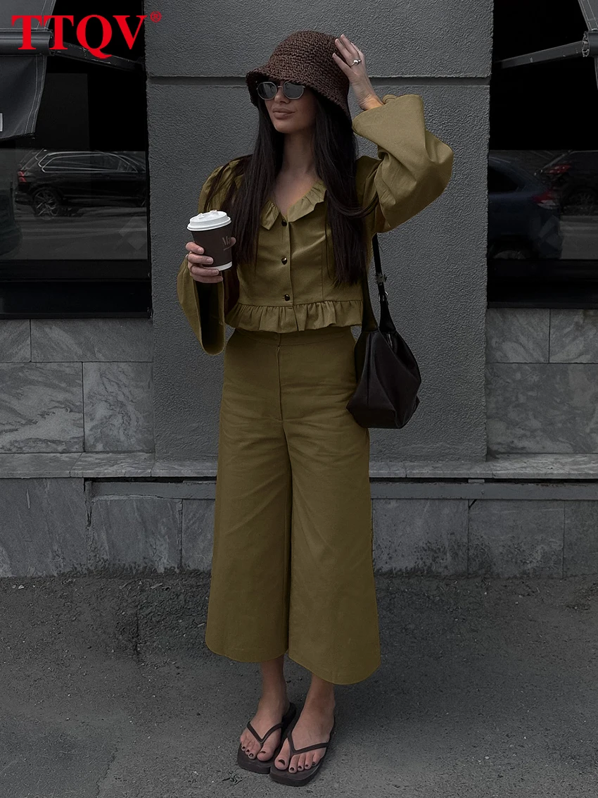 

TTQV Fashion Loose 2 Pieces Set For Woman 2026 Elegant Long Sleeve Shirt With High Waist Wide Pants Set Female Clothing Streetwe