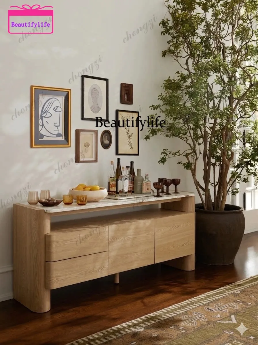 a55 Medieval solid wood dining side cabinet, living room locker, log color, wall storage cabinet