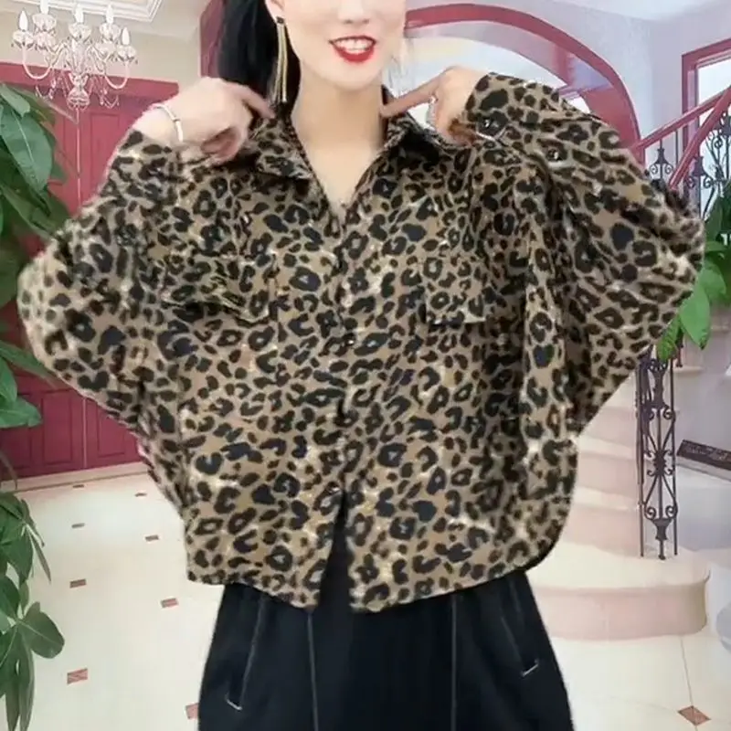 FAVRE Leopard Batwing Sleeve Bomber Jacket Women Loose Fashion Short Button Coats Female Autumn Vintage Casual Outwear Tops