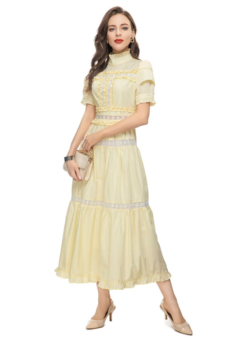 Women's Runway Dresses Ruffled Collar Short Sleeves Tiered Patchwork Elegant Designer Summer Vestidos