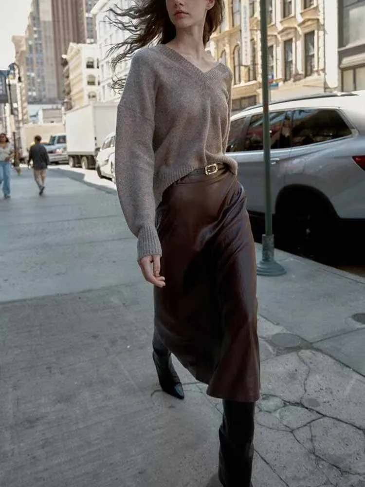 

Европейский и американский стиль, осенне-зимняя новая модная простая женская одежда, универсальный пояс миди с эффектом искусственной кожи, юбка