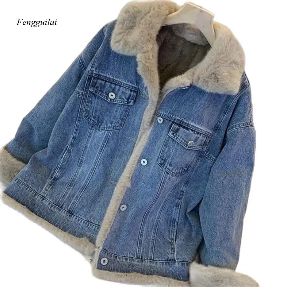 New Winter Fleece Thicken Denim Coats Women Jacket Loose Casual Warm Jeans Outerwear Fur Collar with Velvet Female Clothes Tops