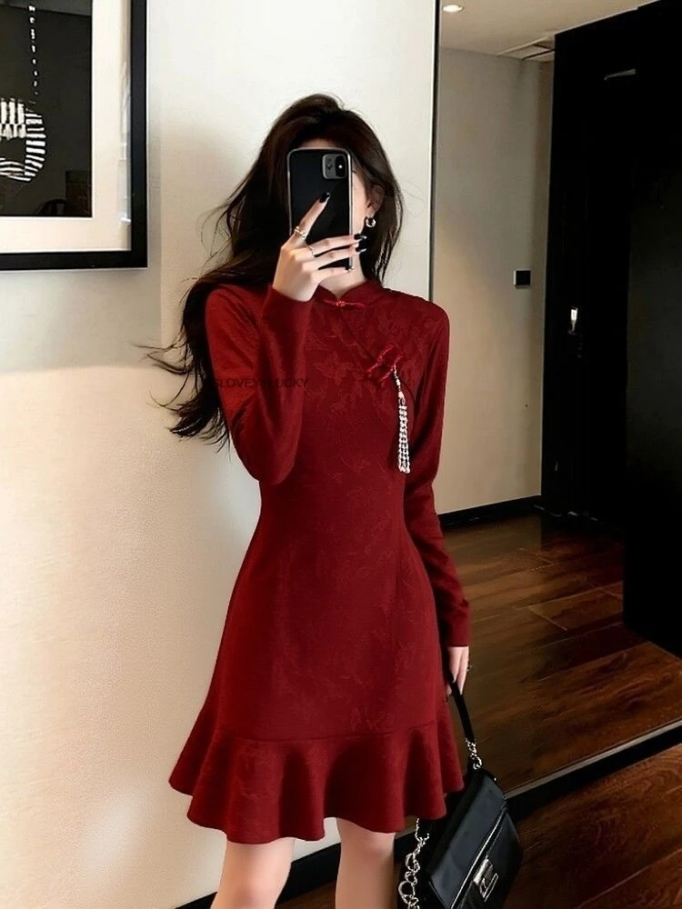 New Year  New Chinese Style Cute Slimming Traditional Style Modified Red Cheongsam Unique Beautiful Red Dress For Women