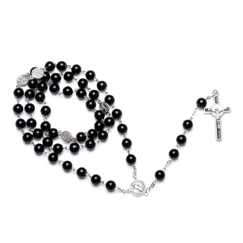 Glass Rosary for Cross Necklace Vintage Catholic Religious Praying Jewelry for M