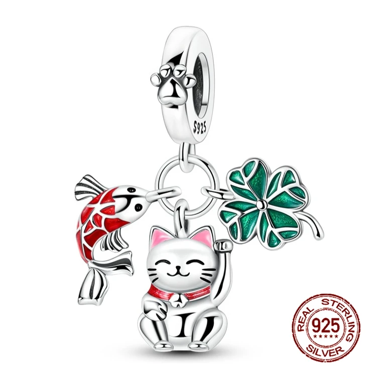 

925 Sterling Silver Lucky Cat Koi Fish Four-Leaf Clover Lucky Pendant Charm Fit Original Charm Bracelets Women DIY Jewelry Gift