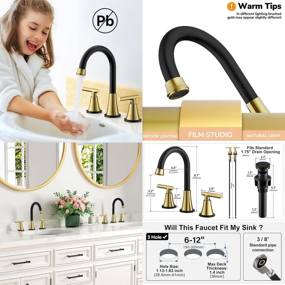

Set of 2 Black & Gold 3-Hole Bathroom Sink Faucets with Pop-Up Drain, Lead-Free Stainless Steel Widespread for Vanity & RV