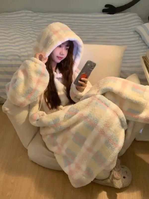 ملابس نسائية بيجامات من الصوف المرجاني للشتاء مقاس كبير ملابس نوم دافئة وسراويل ملابس منزلية بدلة لطيفة وعصرية ومريحة