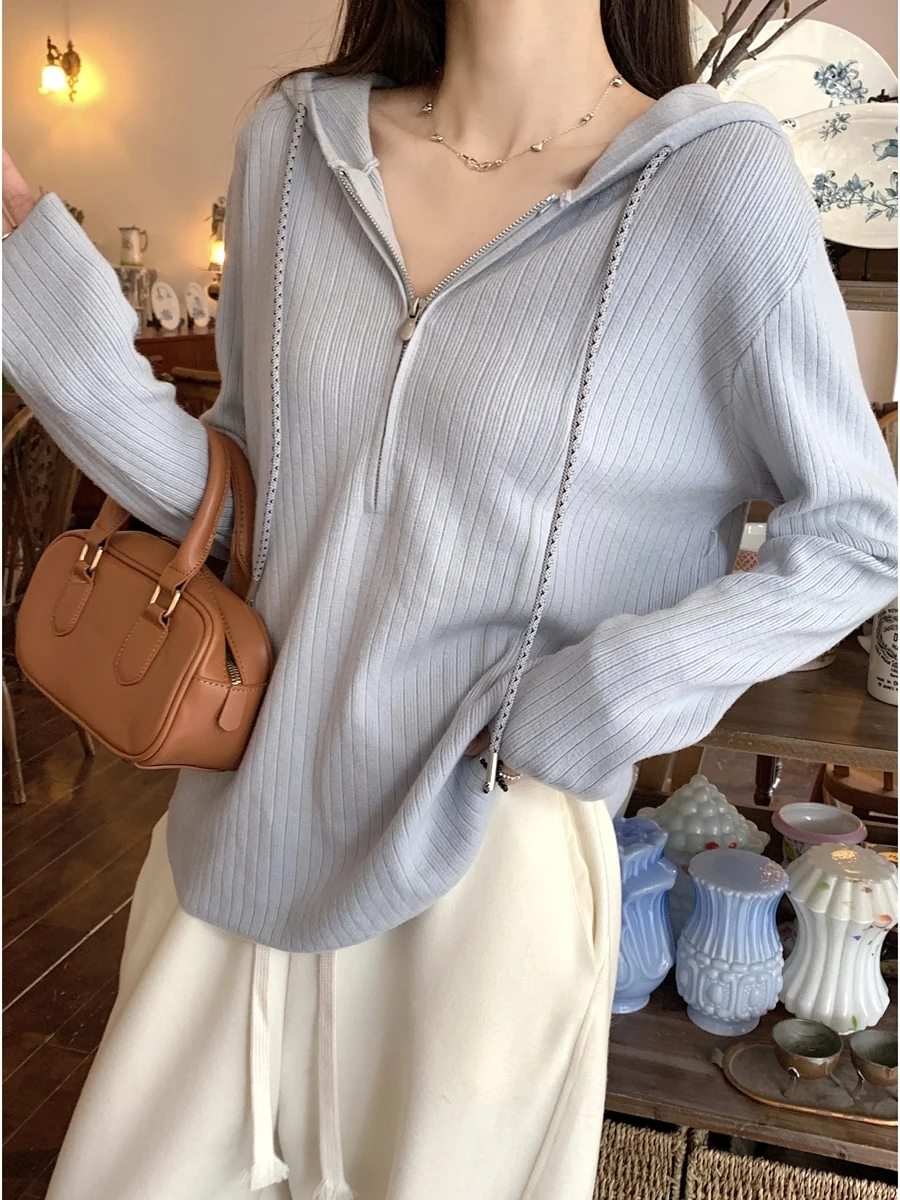 

Новая зимняя женская вязаная кофта-кардиган 2025 года в корейском стиле, с капюшоном, на молнии, удлиненная, повседневная, универсальная верхняя одежда