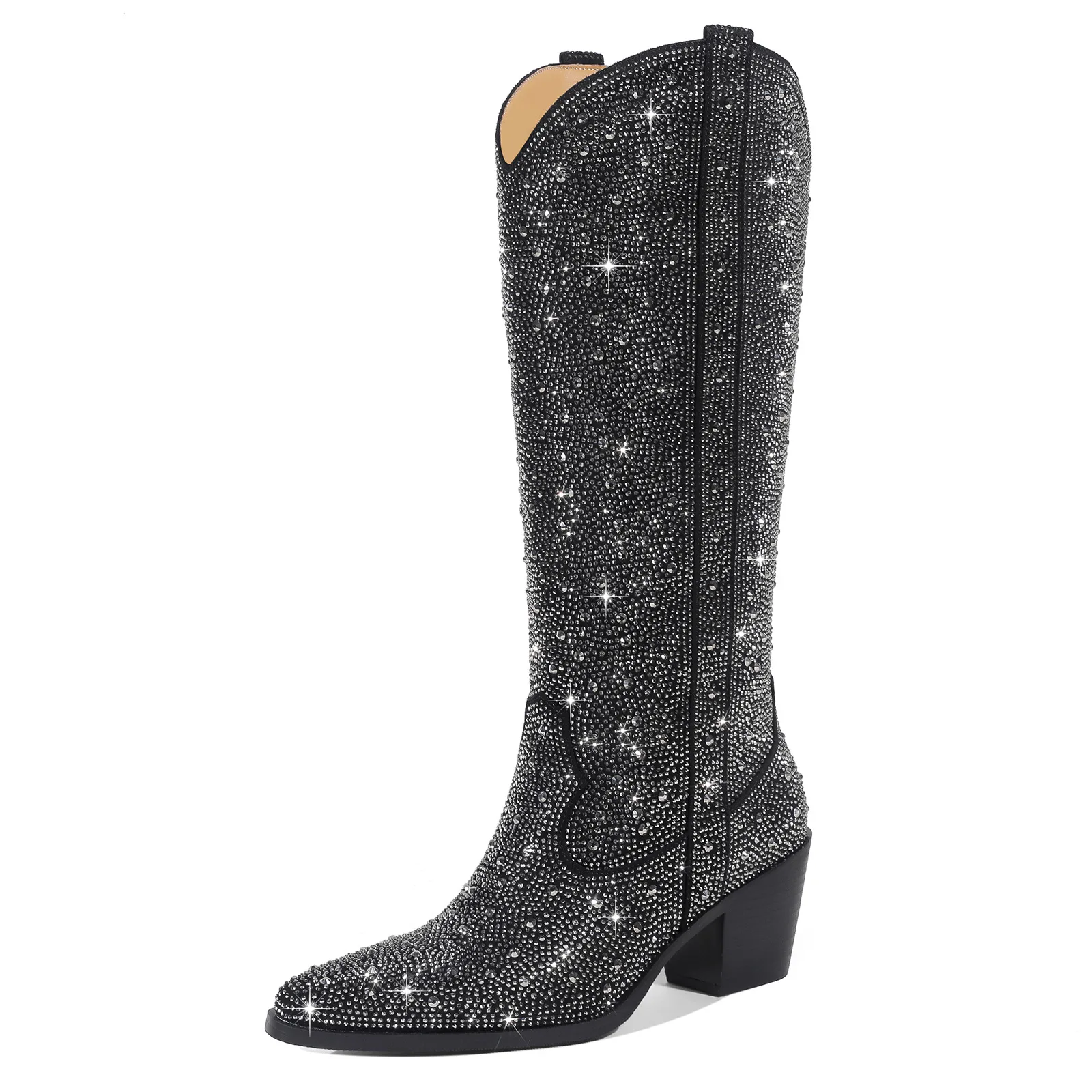 CHMURY Women Rhinestone Black Knee High Boots Western Cowboy Booties Clear Glitter Bling Shiny Pointed Toe Block Heel Boots