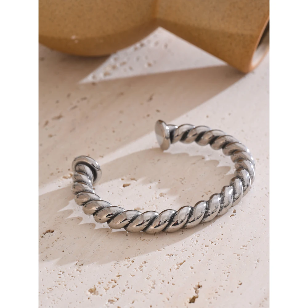 Yhpup 64mm Statement Twisted Retro Silver Color Cuff Bracelet Bangle Stainless Steel High Quality Men Jewelry Accessories Gift