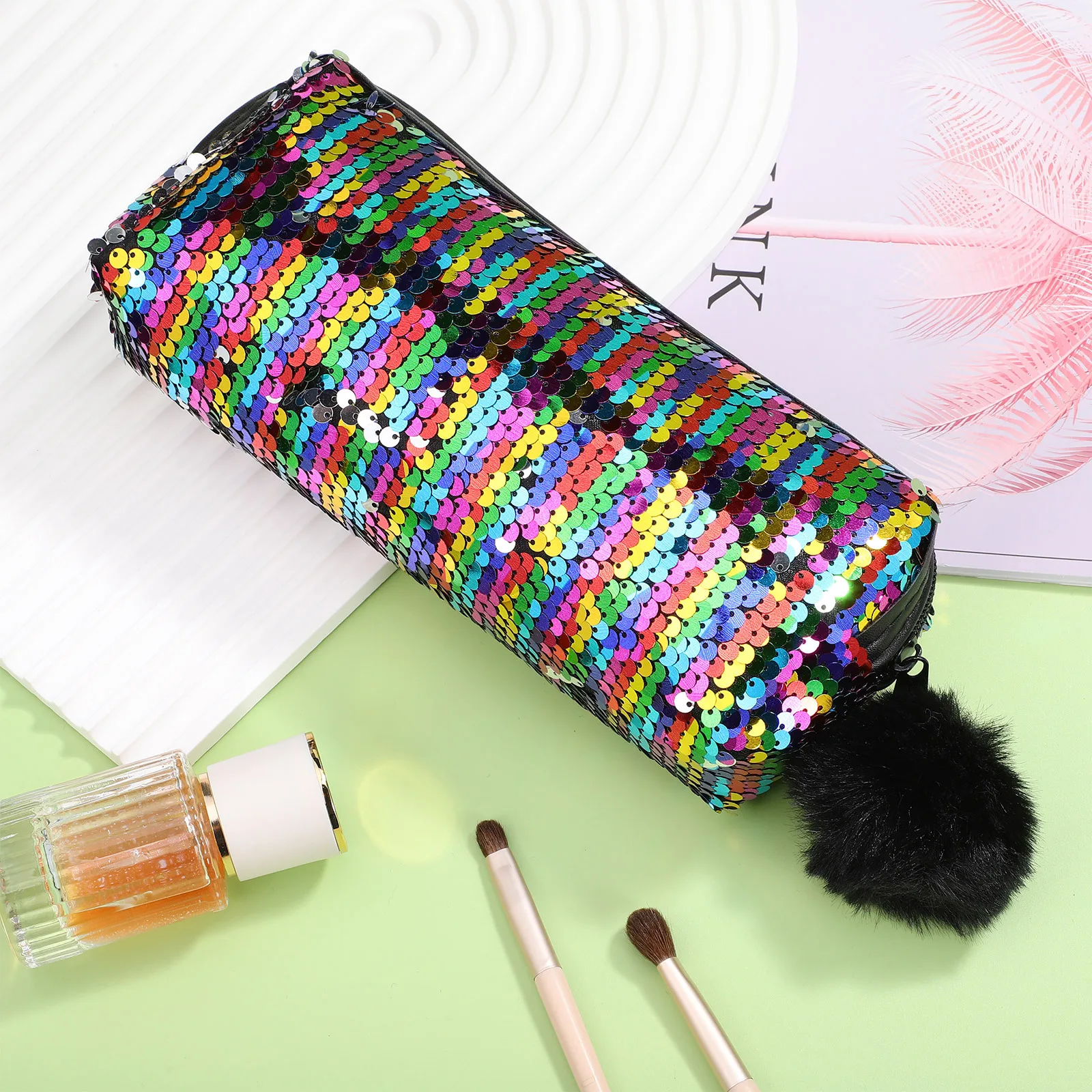 スパンコール付きペンケース グリッターデザイン 人魚テーマ 豊富なスペース 文房具バッグ 学用品用 旅行必需品