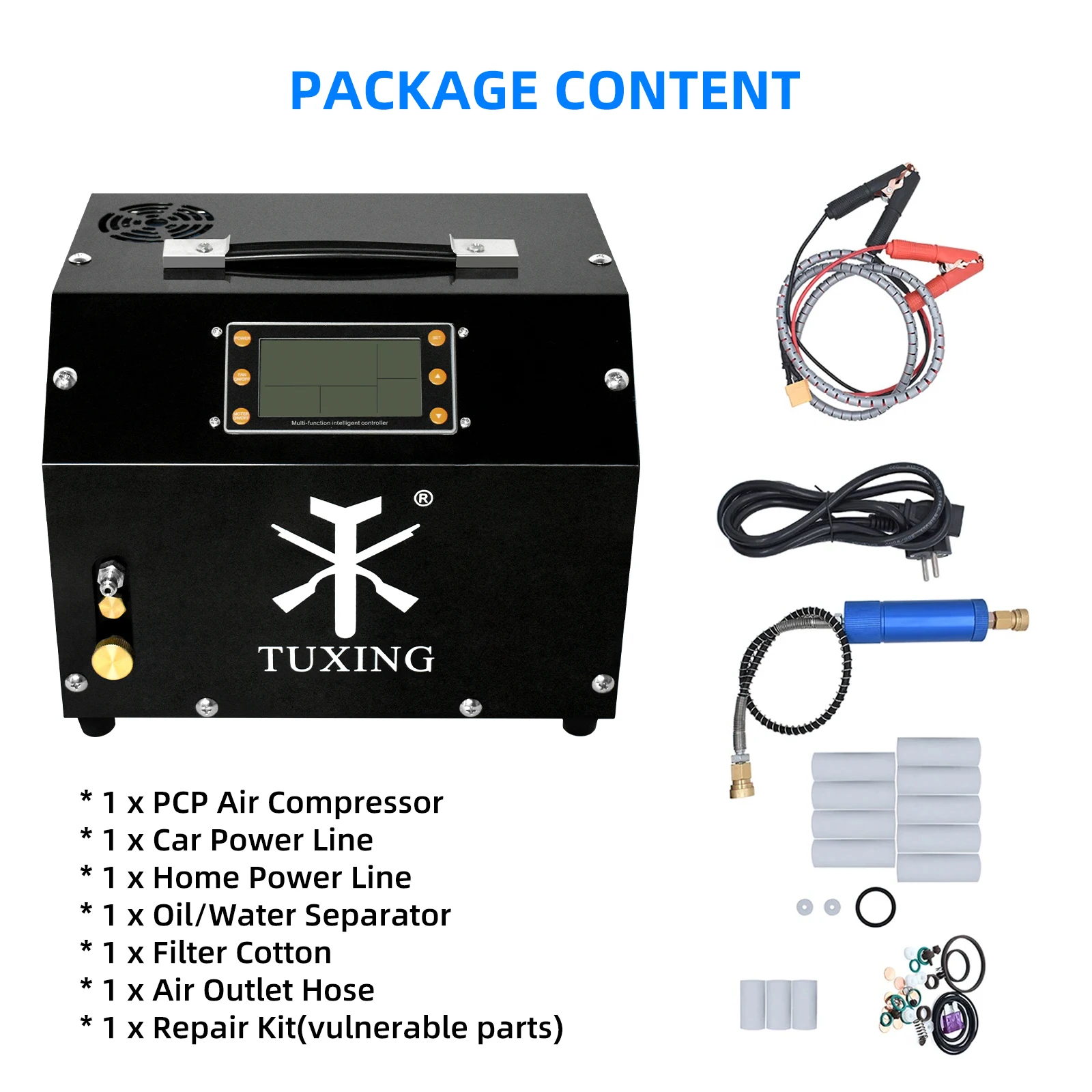 TUXING TXET063 4500Psi 300Bar 12V PCP compresseur d'air affichage LCD arrêt automatique numérique avec 12V puissance PCP réservoir de plongée fusil pistolet à air