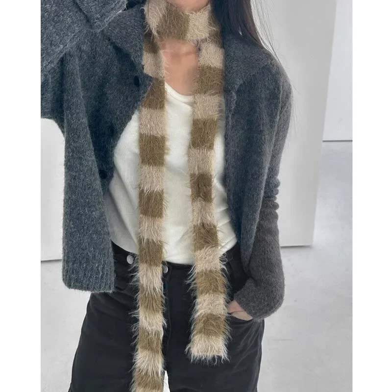 Korean Ins Fluffy Striped Faux Mink Fur Scarf Women Y2k Versatile Personality Retro Color Scheme Narrow Long Scarf Schoolgirl