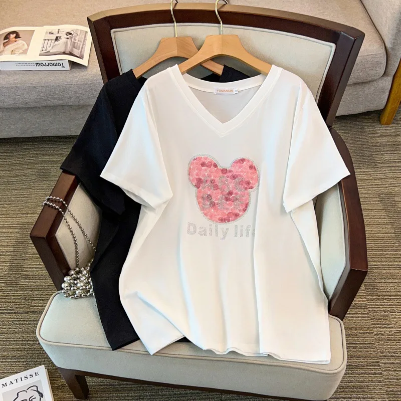 

Женская футболка больших размеров (до 170 кг) с V-образным вырезом, свободного кроя, с коротким рукавом, со стразами, летняя, размеры 4XL, 5XL, 6XL, 7XL, 8XL, 9XL