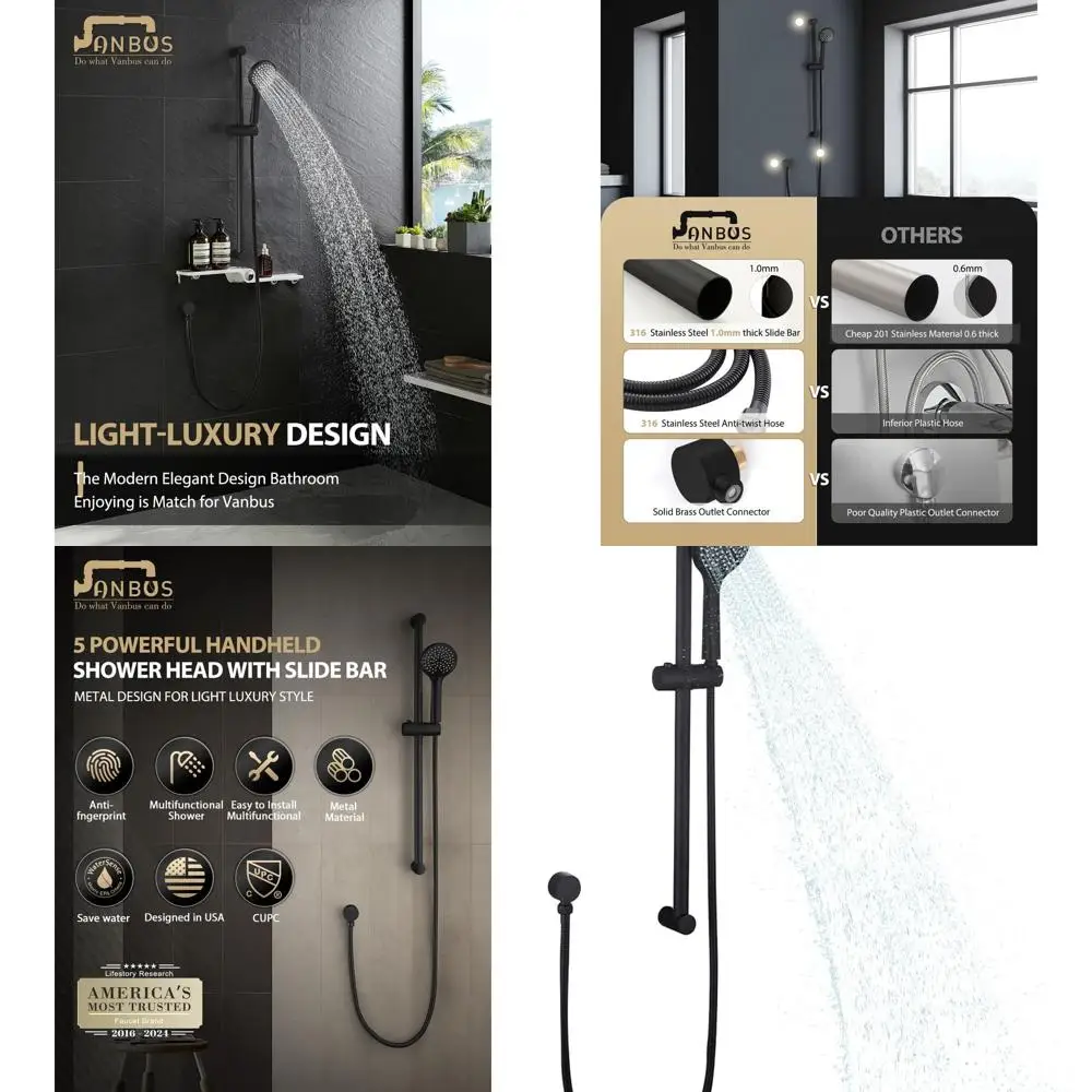 Adjustable 30 Slide Bar & 59 Hose Handheld Shower, 5-Function 3.2GPM High-Pressure, Matte Black