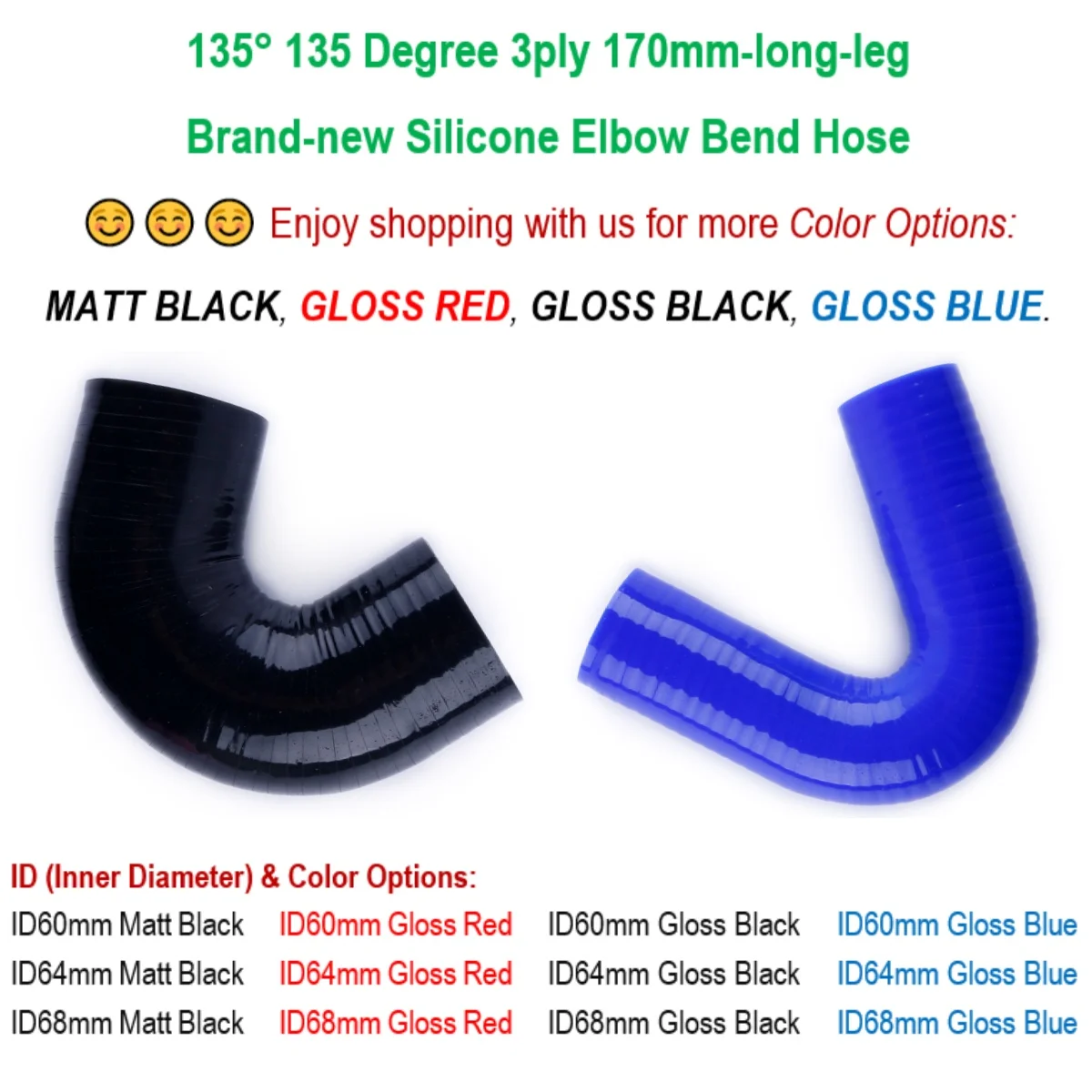 135° 135 Degree Elbow Bend Hose ID 60mm 64mm 68mm Silicone 3ply 170mm-long-leg Matt Black Gloss Black Gloss Red Gloss Blue