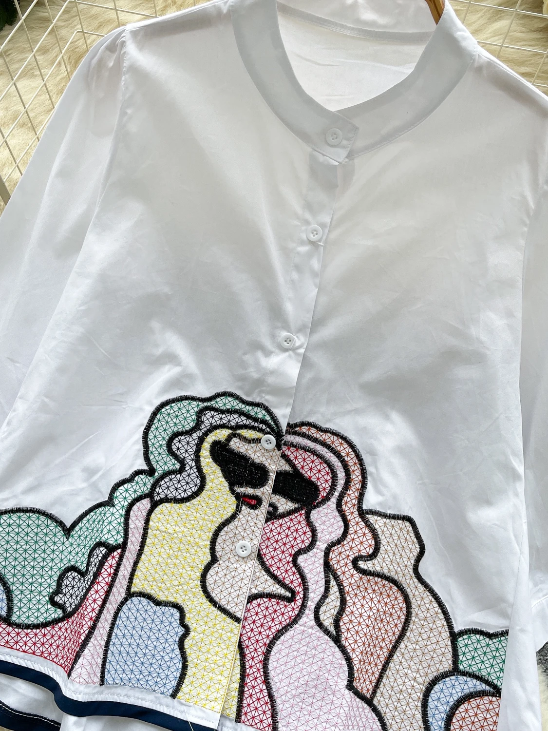 Csa Fena de Verão com Gola Alta e Bordado Pesado, Estilo Retrô Coreano, Manga Longa, Solta e Casual, Estilo Boneca, pa...