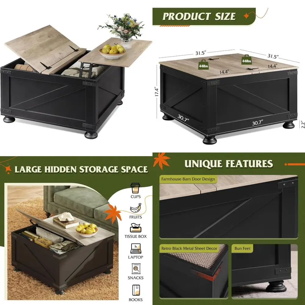 

Farmhouse Style Lift Top Coffee Table with Storage, 31.5 Square, Flip-Top Hidden Compartment, Wood-Grain Finish, Large Center Ta