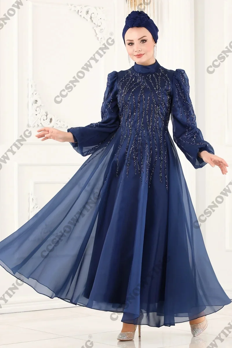 

Organza Beaded Long Sleeve Muslim Evening Dresses Hijab Islamic Formal Party Gown Women Arabic Kaftan Robe De Soiree