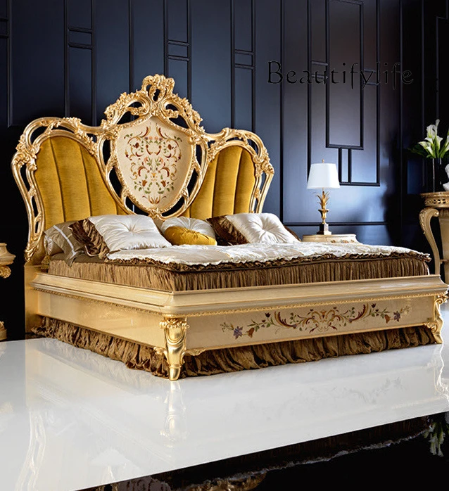 European-style solid wood carved bedroom, double bed, home villa, comfortable, fashionable, high-end designer model