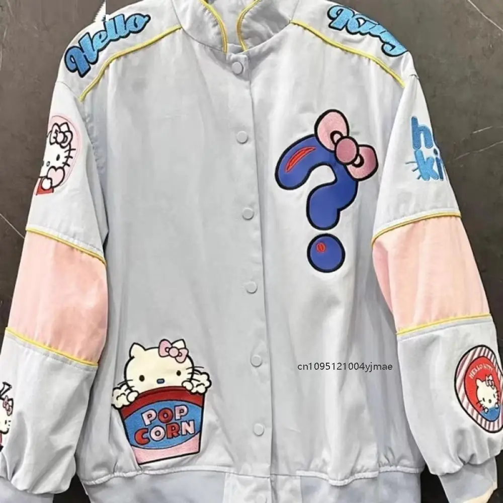 여성용 만화 헬로 키티 자수 자켓 Sanrio 한국어 버전 스타일 패션 트렌드 자켓 여성 느슨한 통근 블루 코트