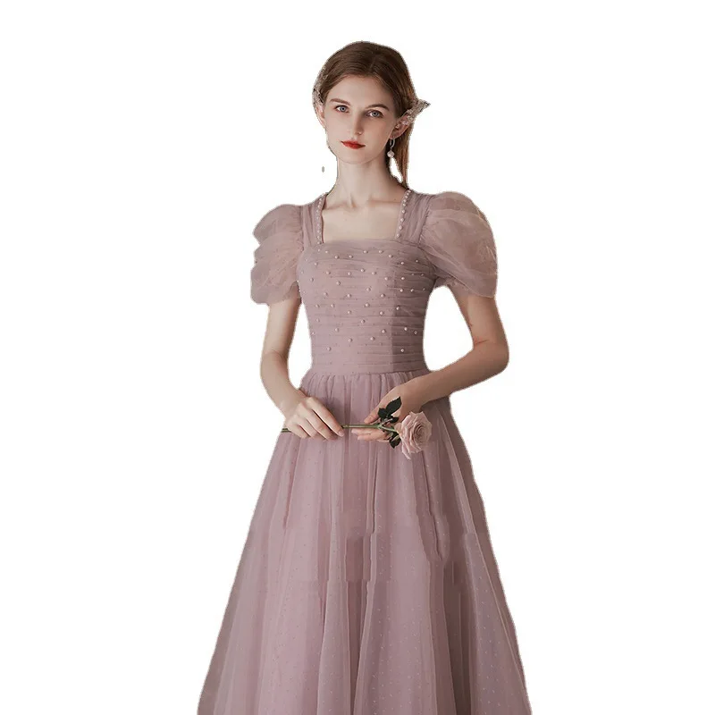 Pink Bridesmaid Dresses Elegant Dress Women For Wedding Party Puff Sleeve Pearls Beading Party Gowns Female Formal Dress