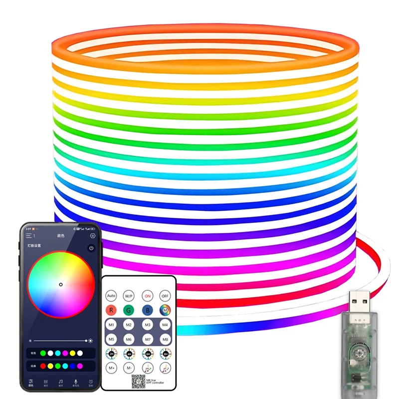 

M12K-5M Водонепроницаемая неоновая лента RGB с 24-клавишным пультом дистанционного управления - меняющие цвет светильники для спальни, комнаты и наружного использования