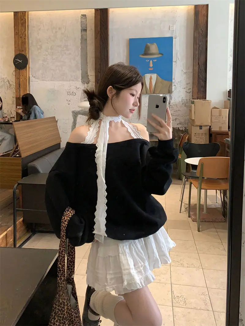 Pure Desire to Hang Neck Lace Lace Tie Bow Loose Long Sleeved Hoodie New Slanted Neck Off Shoulder Straight Top for Women