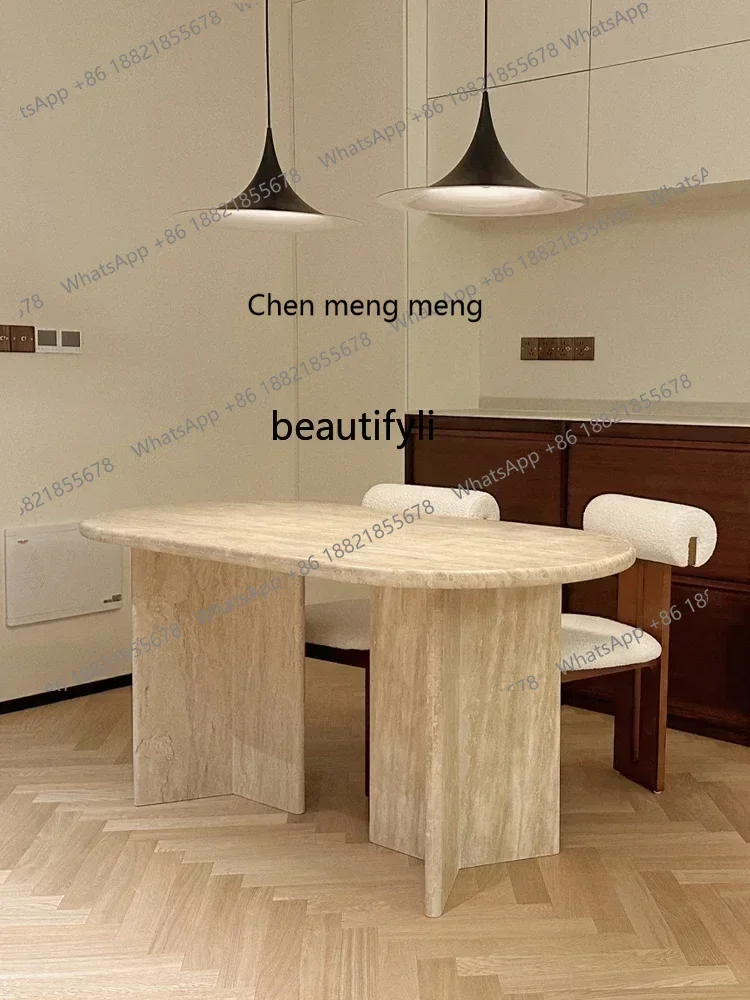 20031Travertine long oval natural marble designer negotiation table wabi-sabi dining table custom-madeQ