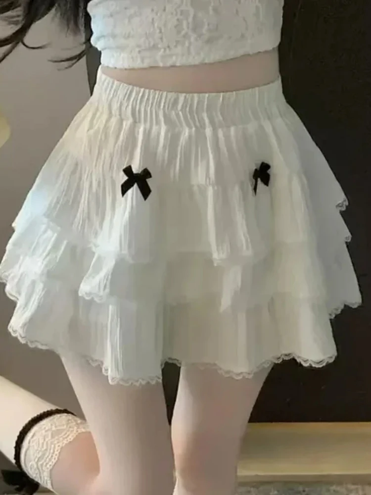 

2025 Fashion New Sexy Skirts Sweet Bow White Ruched A-line Skirts Summer High Waist Cake Skirt for Women Simple Faldas