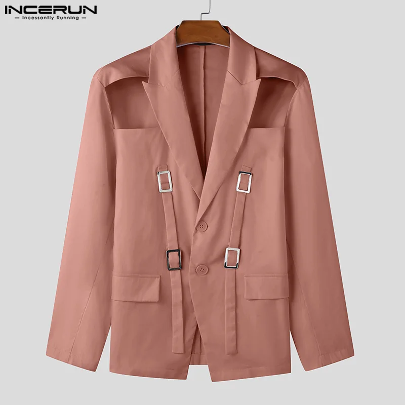 INCERUN Tops 2025 American Style Fashion Men Hollow Button Design Suit Coat Casual Streetwear Solid Long Sleeved Lace Up Blazers