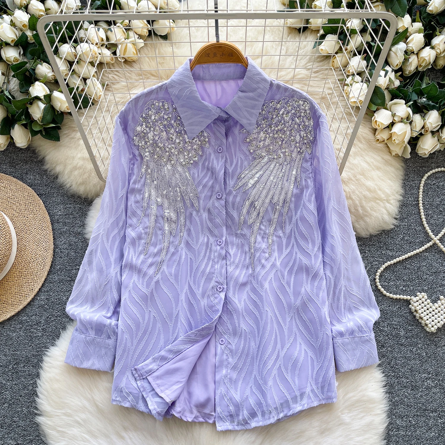 

chic vintage sequin Embroidered long sleeve korean fashion blouse Female autumn women clothing