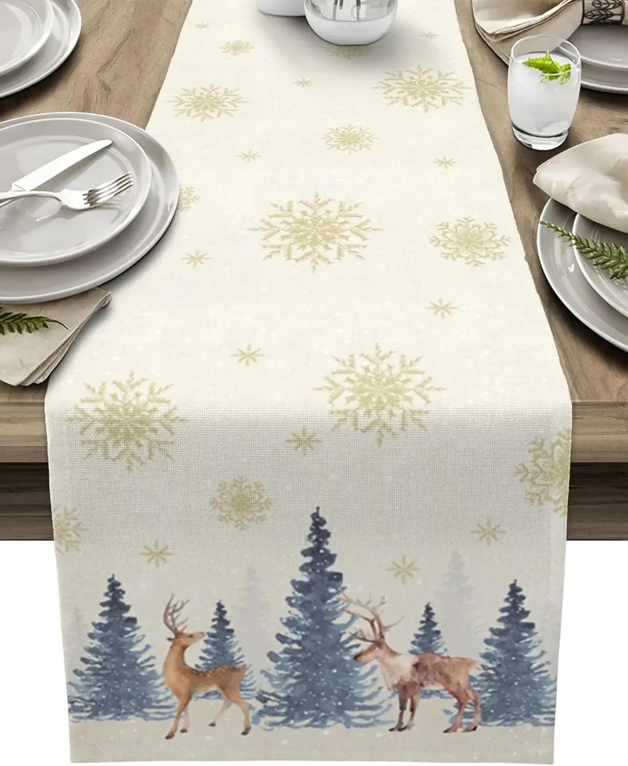 Christmas Reindeer Elk Deer Snowflake Linen Table Runners Dresser Scarf Decor Reusable Dining Table Runners Navidad Decorations