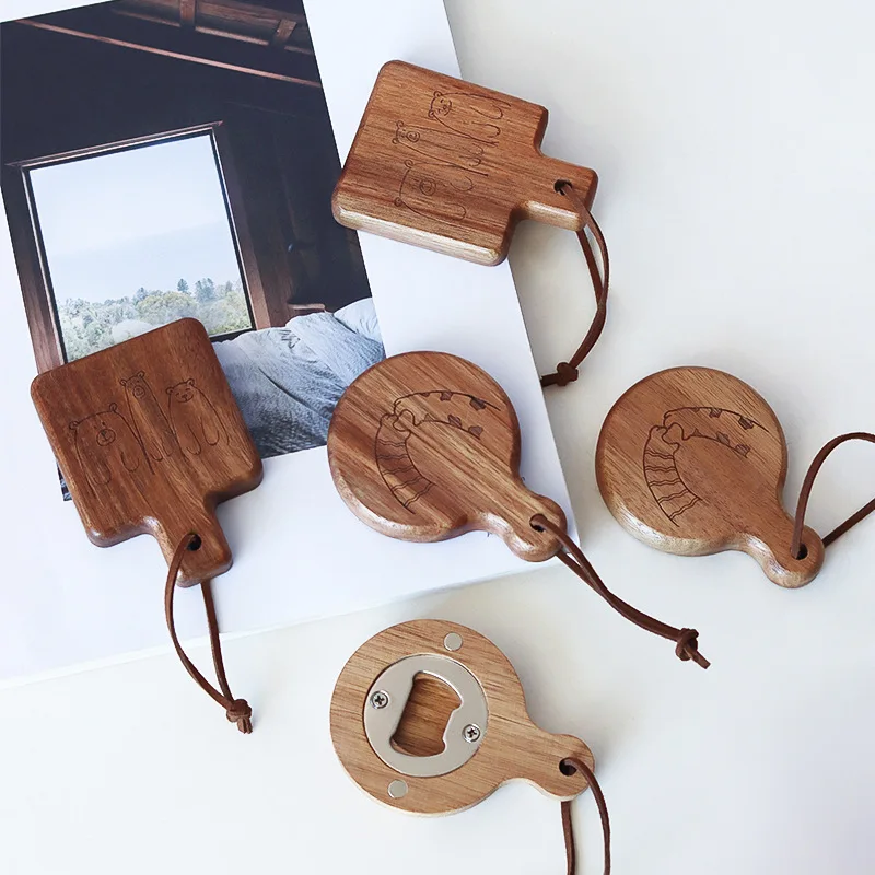 

DHL100pcs Round Brown Square Wooden Bottle Opener With Handle Coaster Fridge Magnet Decoration