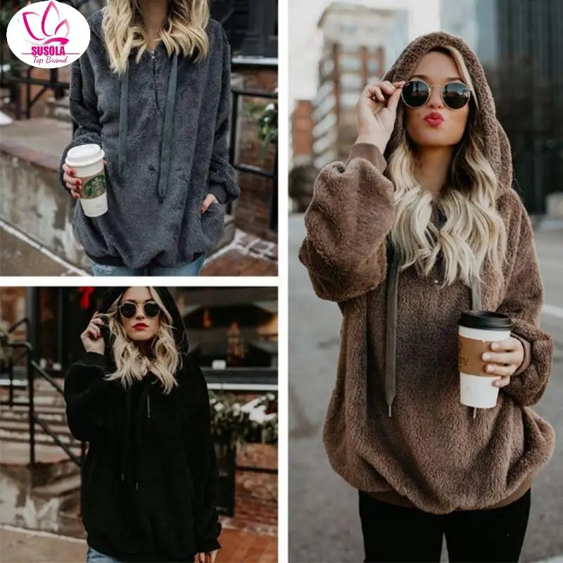 

Женский пуловер из шерсти, пушистая флисовая толстовка, Толстовка Оверсайз с карманами, Зимние толстовки, Свободное пальто с капюшоном, теплая уличная одежда