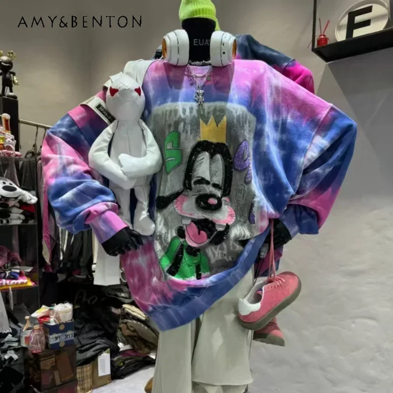 

Unique Design Long Sleeves Hoodies Heavy Industry Tie-dye Beads Cartoon Printing Coat Autumn Loose Casual Top Streetwear Female