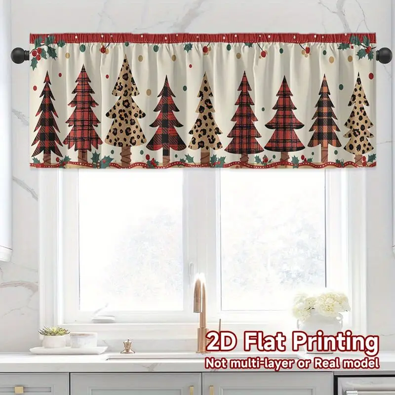 VIKAMA Christmas Window Valance Poinsettia Candy Cane Plaid Short Curtain for Kitchen Bedroom Living Room Home Holiday Decor
