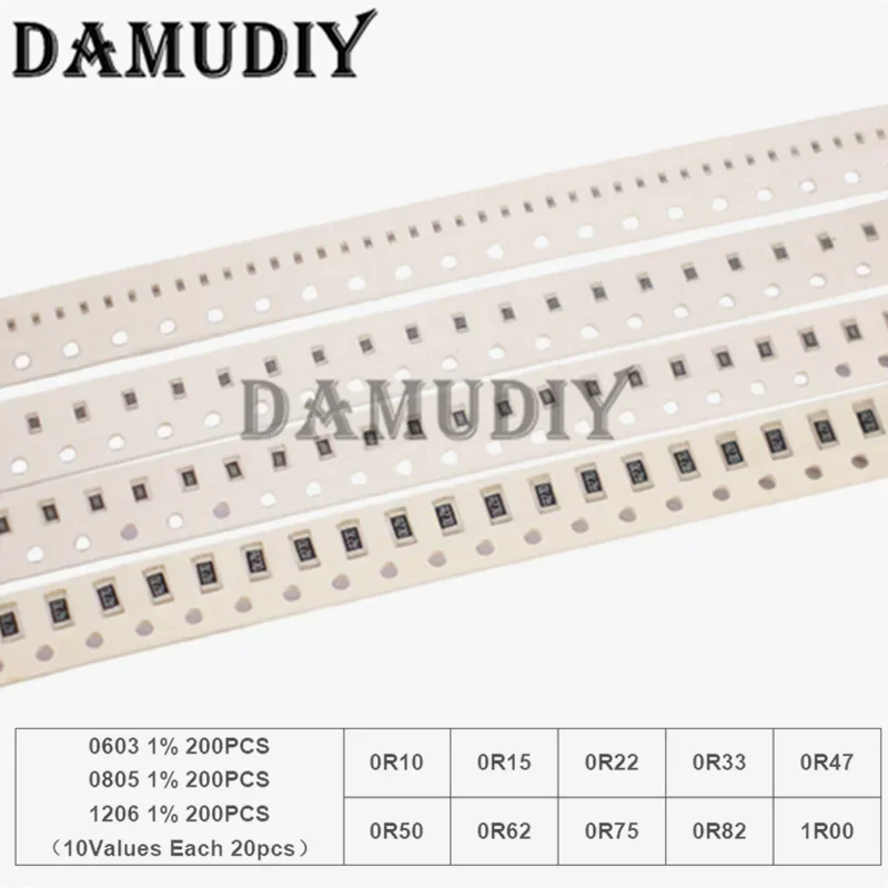 200pcs/Lot 1206 0805 0603 1% SMD Chip Resistor Assorted Kit 10valuesX20pcs 1R00 R820 R750 R620 R500 R470 R330 R220 R150 R100